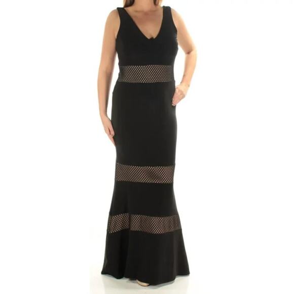 Xscape Black Mesh Illusion Maxi Gown with Geometrical Insets • Size 10 🗣 - Picture 1 of 5
